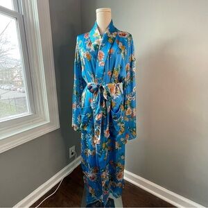 Lulu's Staycation Blue Floral Print Satin Duster Robe Size Large